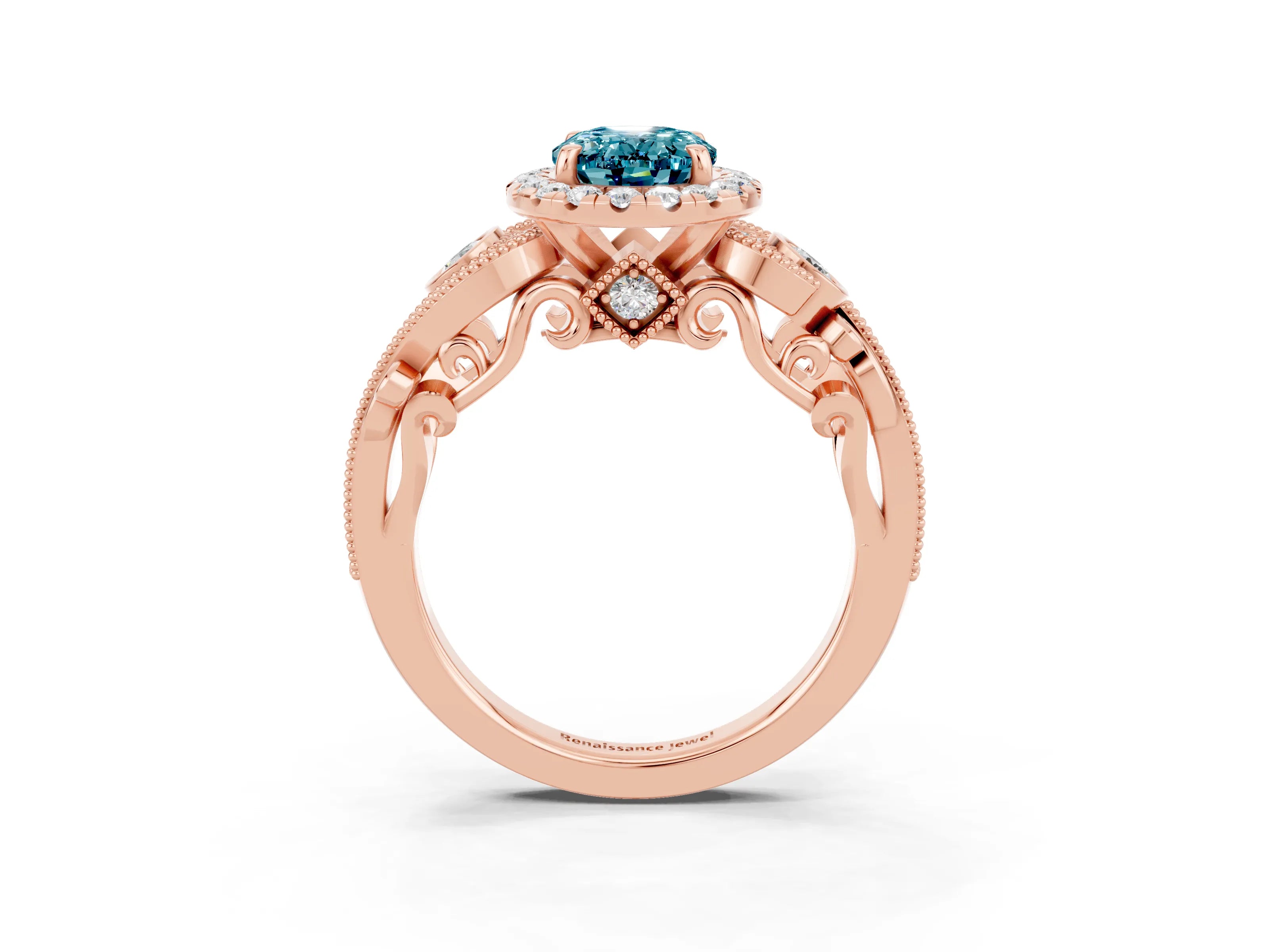 Rose gold Oval Cut Blue Topaz Halo Ring with Milgrain Pavé Band and Four-Prong Setting_15