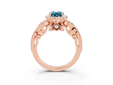 Rose gold Oval Cut Blue Topaz Halo Ring with Milgrain Pavé Band and Four-Prong Setting_15