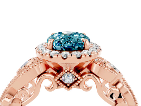 Rose gold Oval Cut Blue Topaz Halo Ring with Milgrain Pavé Band and Four-Prong Setting_16