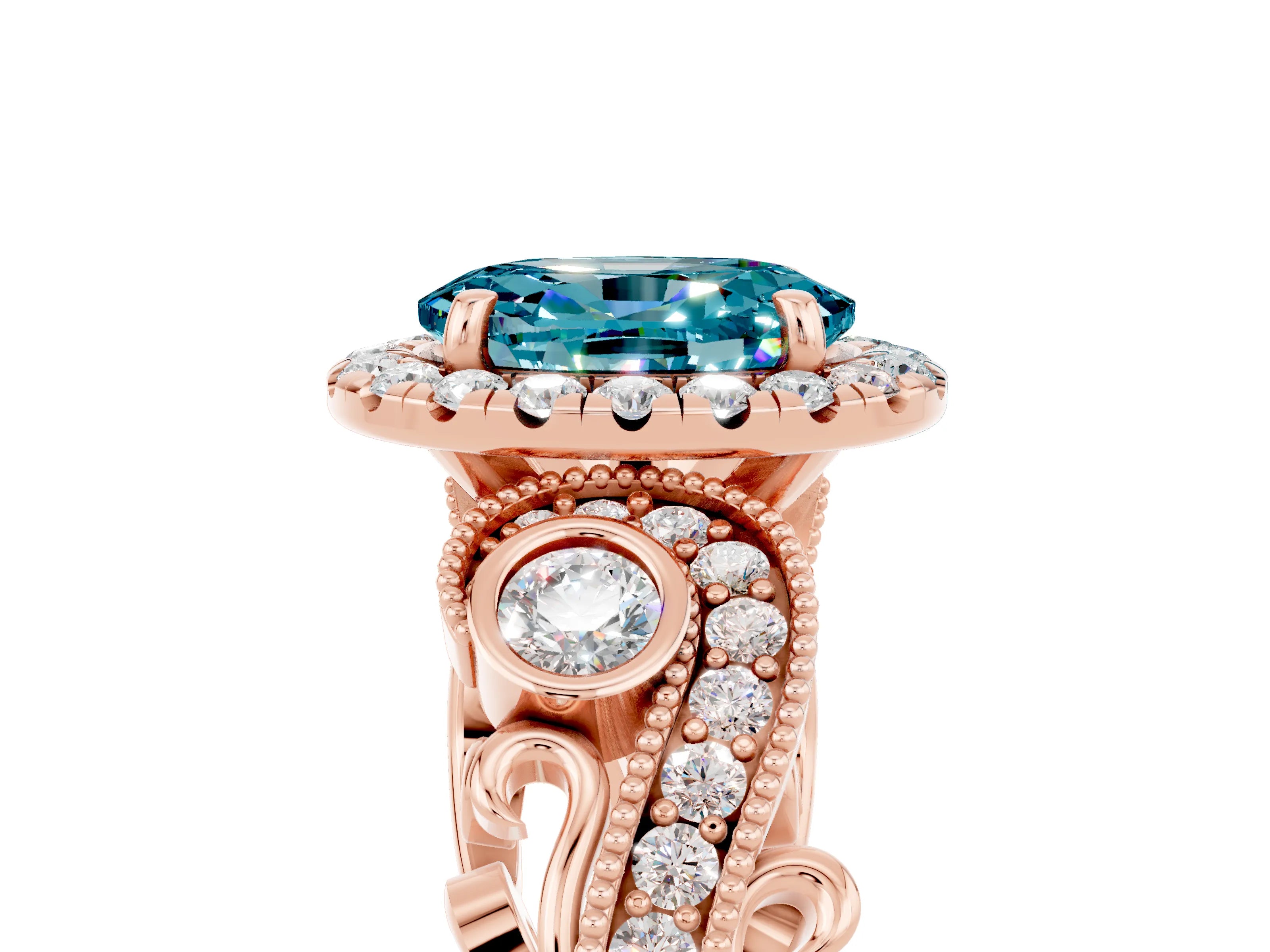 Rose gold Oval Cut Blue Topaz Halo Ring with Milgrain Pavé Band and Four-Prong Setting_17