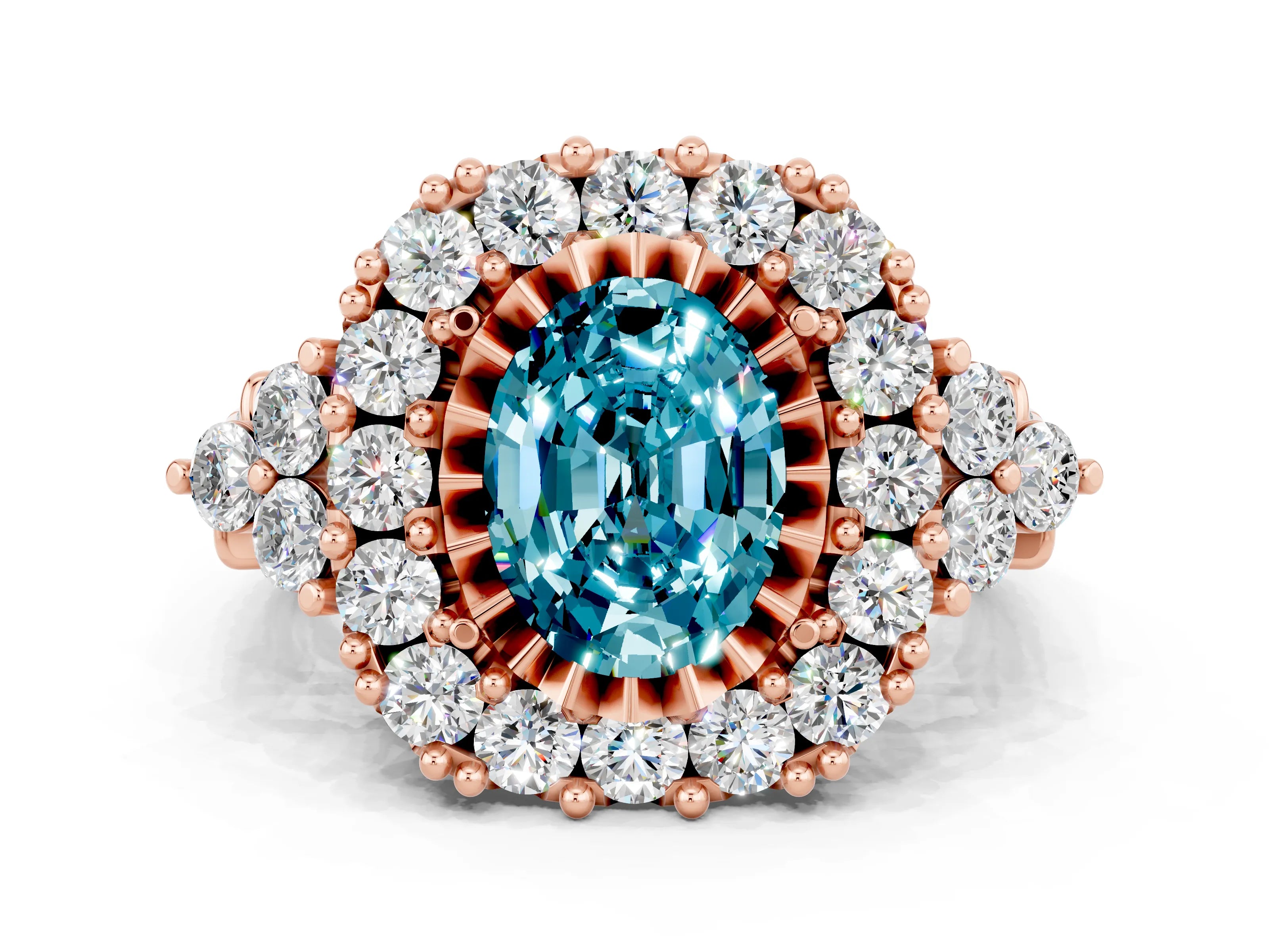 Rose gold Oval Cut Blue Topaz Halo Ring with Pavé Band and Four-Prong Setting_12