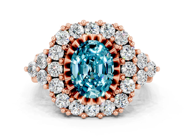 Rose gold Oval Cut Blue Topaz Halo Ring with Pavé Band and Four-Prong Setting