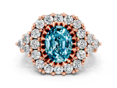 Rose gold Oval Cut Blue Topaz Halo Ring with Pavé Band and Four-Prong Setting_12