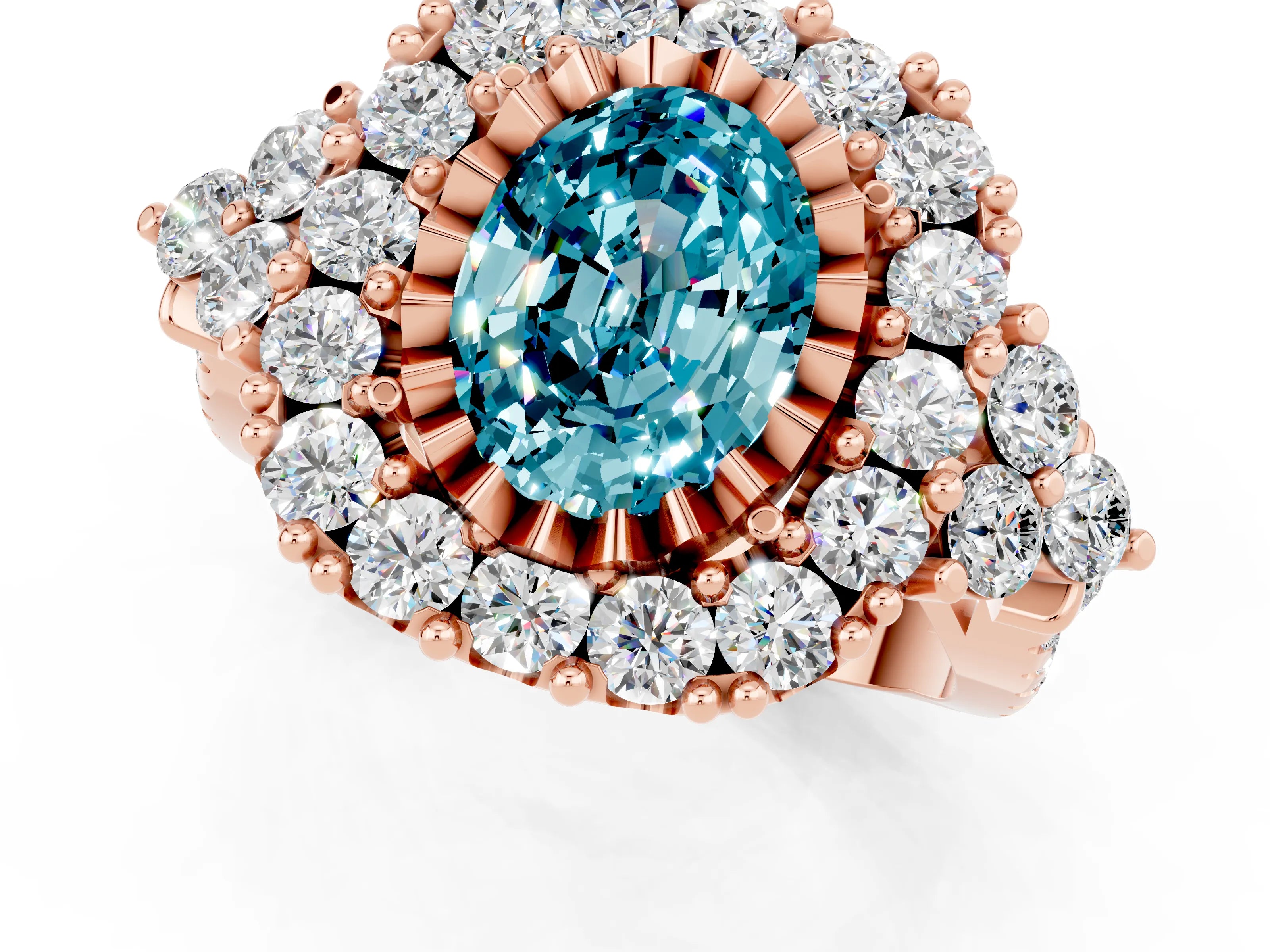 Rose gold Oval Cut Blue Topaz Halo Ring with Pavé Band and Four-Prong Setting_13
