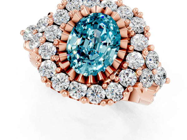 Rose gold Oval Cut Blue Topaz Halo Ring with Pavé Band and Four-Prong Setting