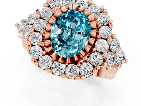 Rose gold Oval Cut Blue Topaz Halo Ring with Pavé Band and Four-Prong Setting_13