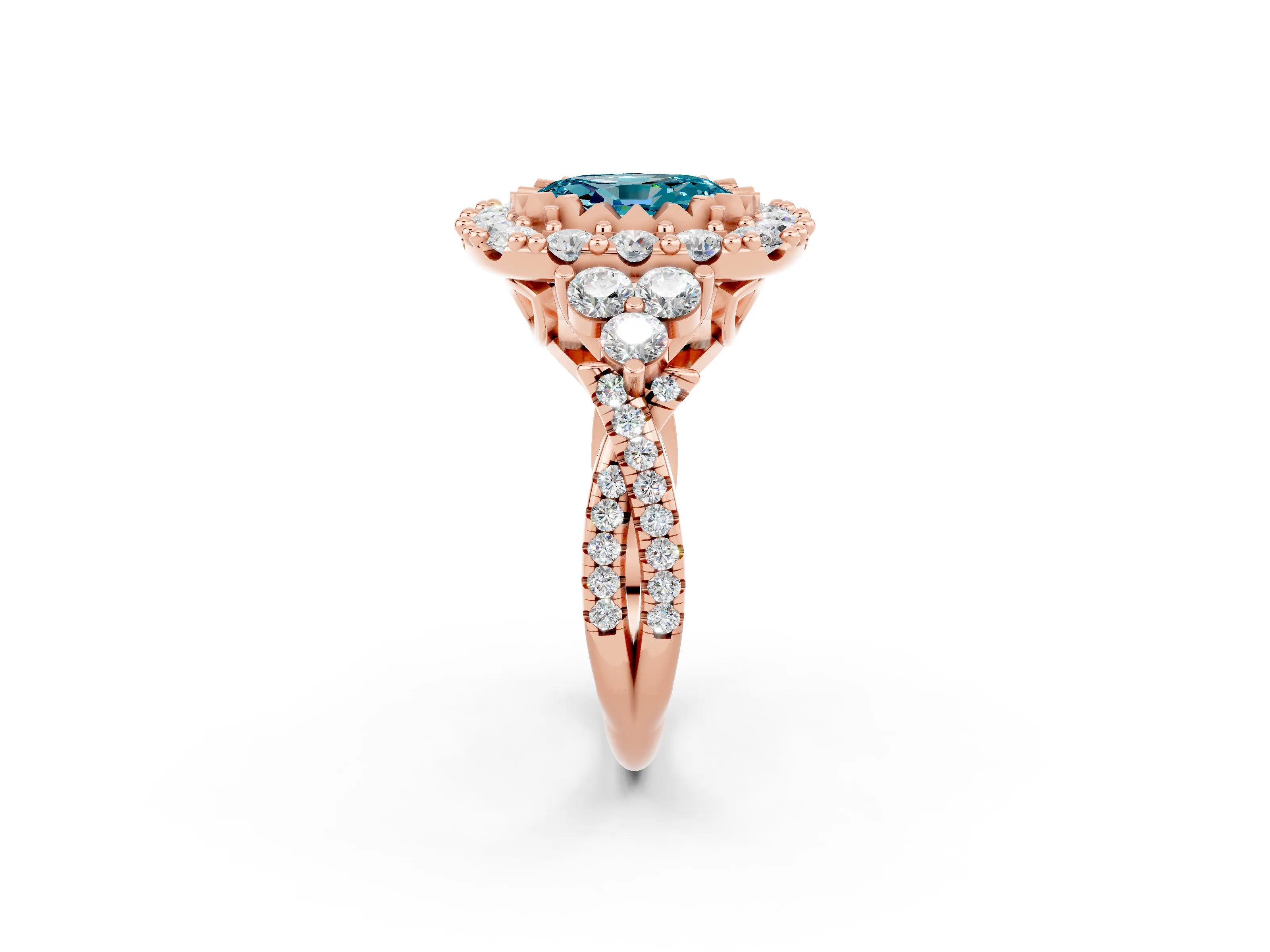 Rose gold Oval Cut Blue Topaz Halo Ring with Pavé Band and Four-Prong Setting_14
