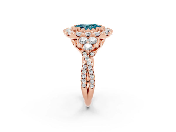 Rose gold Oval Cut Blue Topaz Halo Ring with Pavé Band and Four-Prong Setting