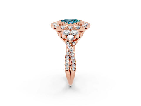 Rose gold Oval Cut Blue Topaz Halo Ring with Pavé Band and Four-Prong Setting_14