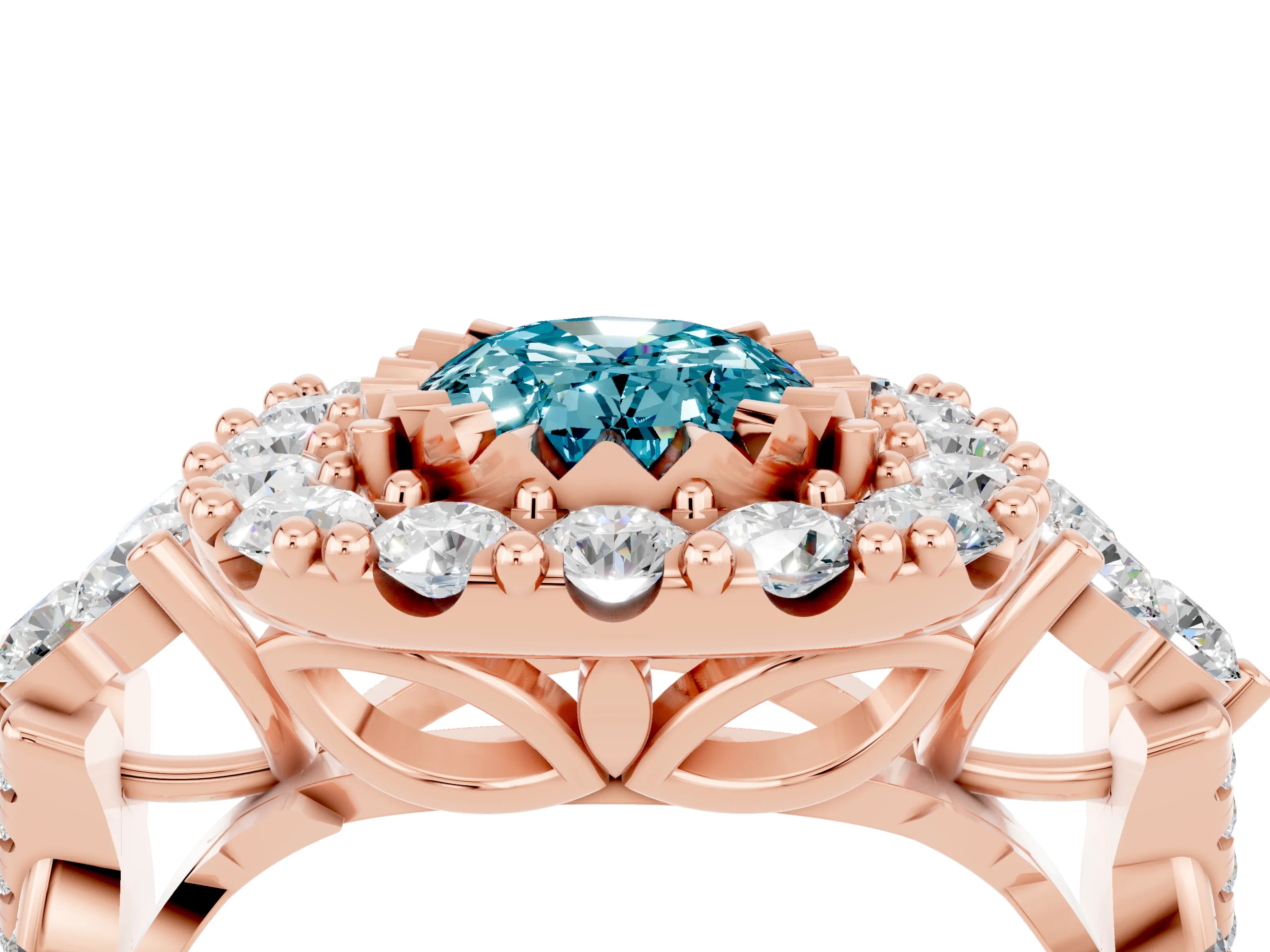 Rose gold Oval Cut Blue Topaz Halo Ring with Pavé Band and Four-Prong Setting_16