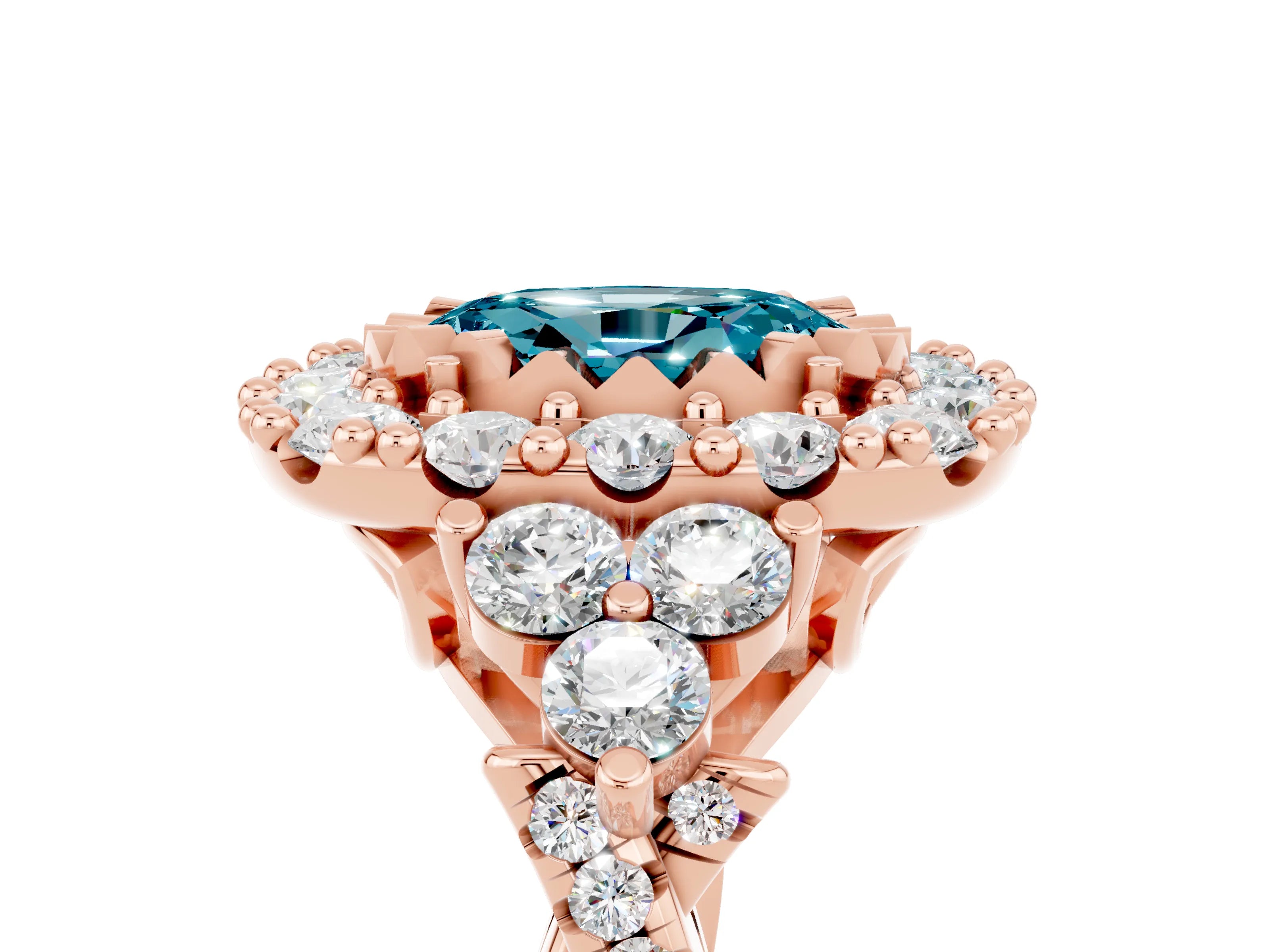 Rose gold Oval Cut Blue Topaz Halo Ring with Pavé Band and Four-Prong Setting_17