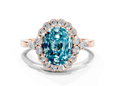 Rose gold Oval Cut Blue Topaz Halo Ring with Pear Side Stones and Prong Setting_12