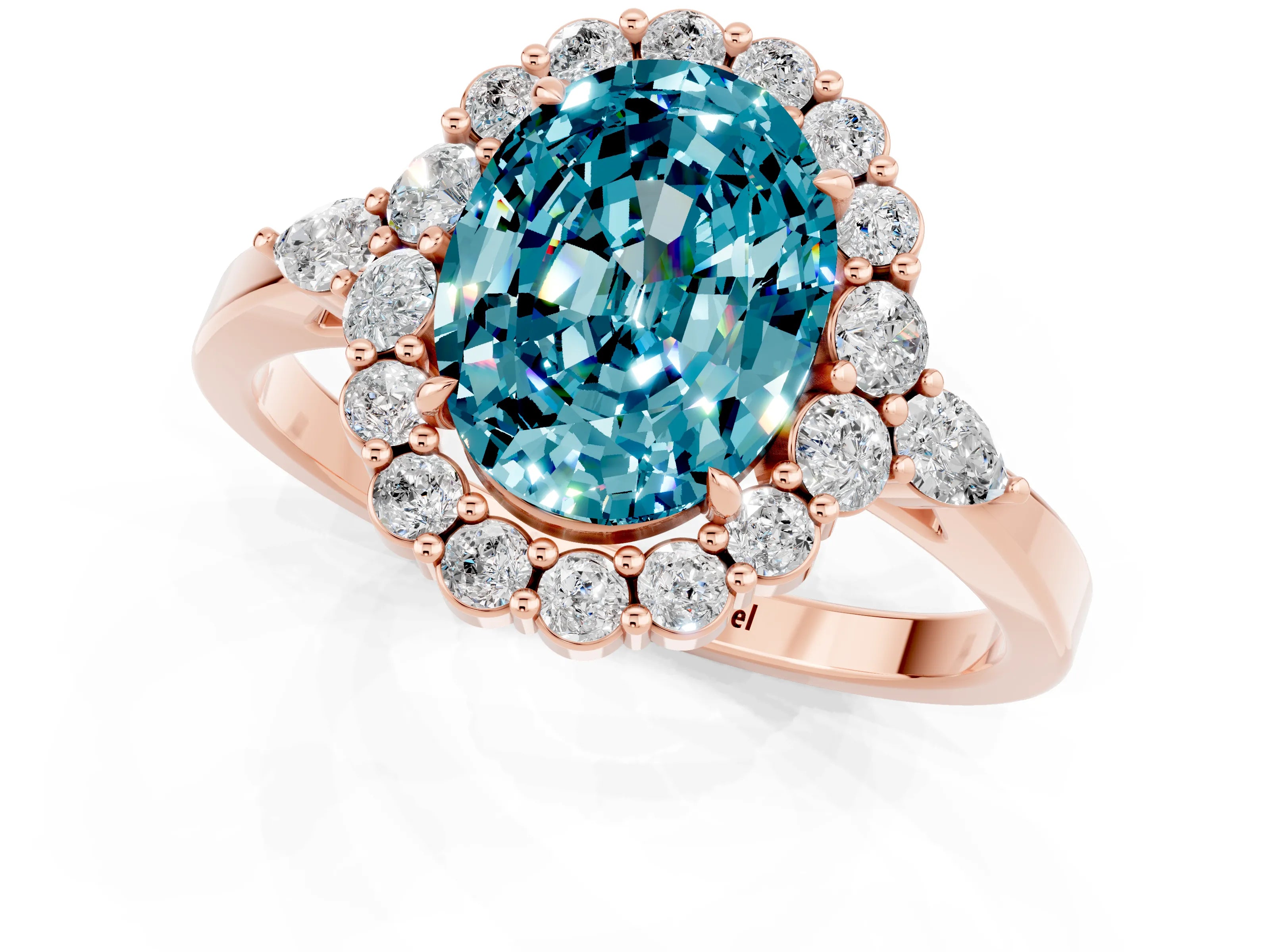 Rose gold Oval Cut Blue Topaz Halo Ring with Pear Side Stones and Prong Setting_13