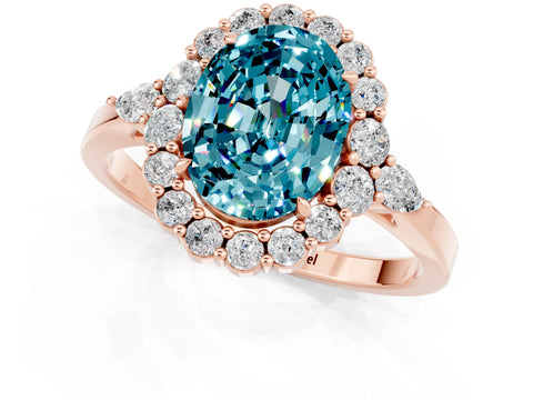 Rose gold Oval Cut Blue Topaz Halo Ring with Pear Side Stones and Prong Setting_13