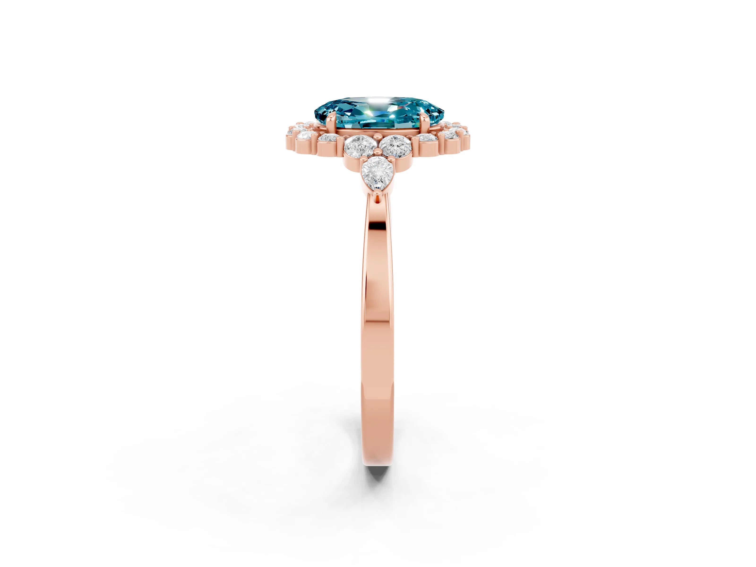 Rose gold Oval Cut Blue Topaz Halo Ring with Pear Side Stones and Prong Setting_14