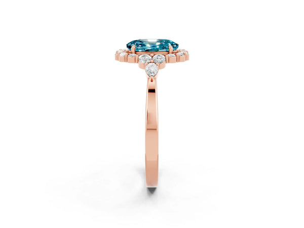 Rose gold Oval Cut Blue Topaz Halo Ring with Pear Side Stones and Prong Setting