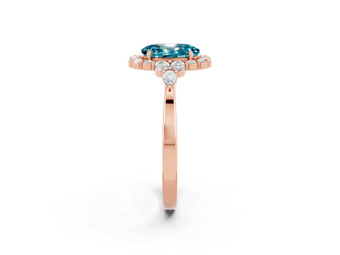 Rose gold Oval Cut Blue Topaz Halo Ring with Pear Side Stones and Prong Setting_14