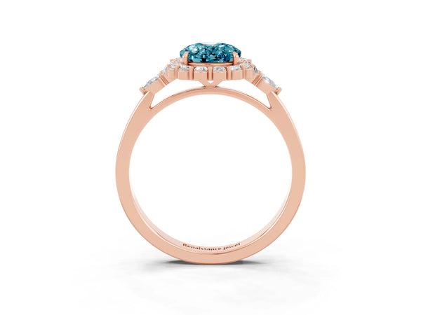 Rose gold Oval Cut Blue Topaz Halo Ring with Pear Side Stones and Prong Setting