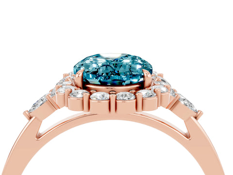 Rose gold Oval Cut Blue Topaz Halo Ring with Pear Side Stones and Prong Setting_16