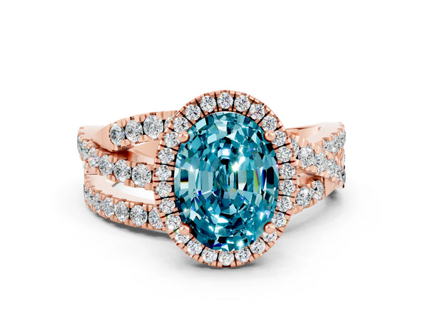 Rose gold Oval Cut Blue Topaz Halo Ring with Round Split Shank and Prong Setting