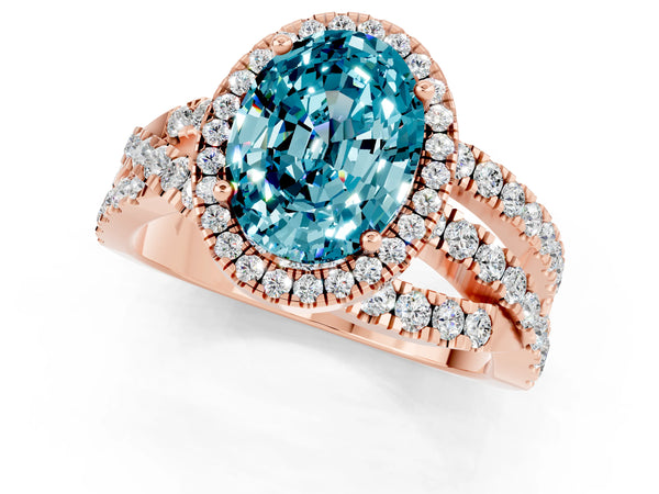 Rose gold Oval Cut Blue Topaz Halo Ring with Round Split Shank and Prong Setting