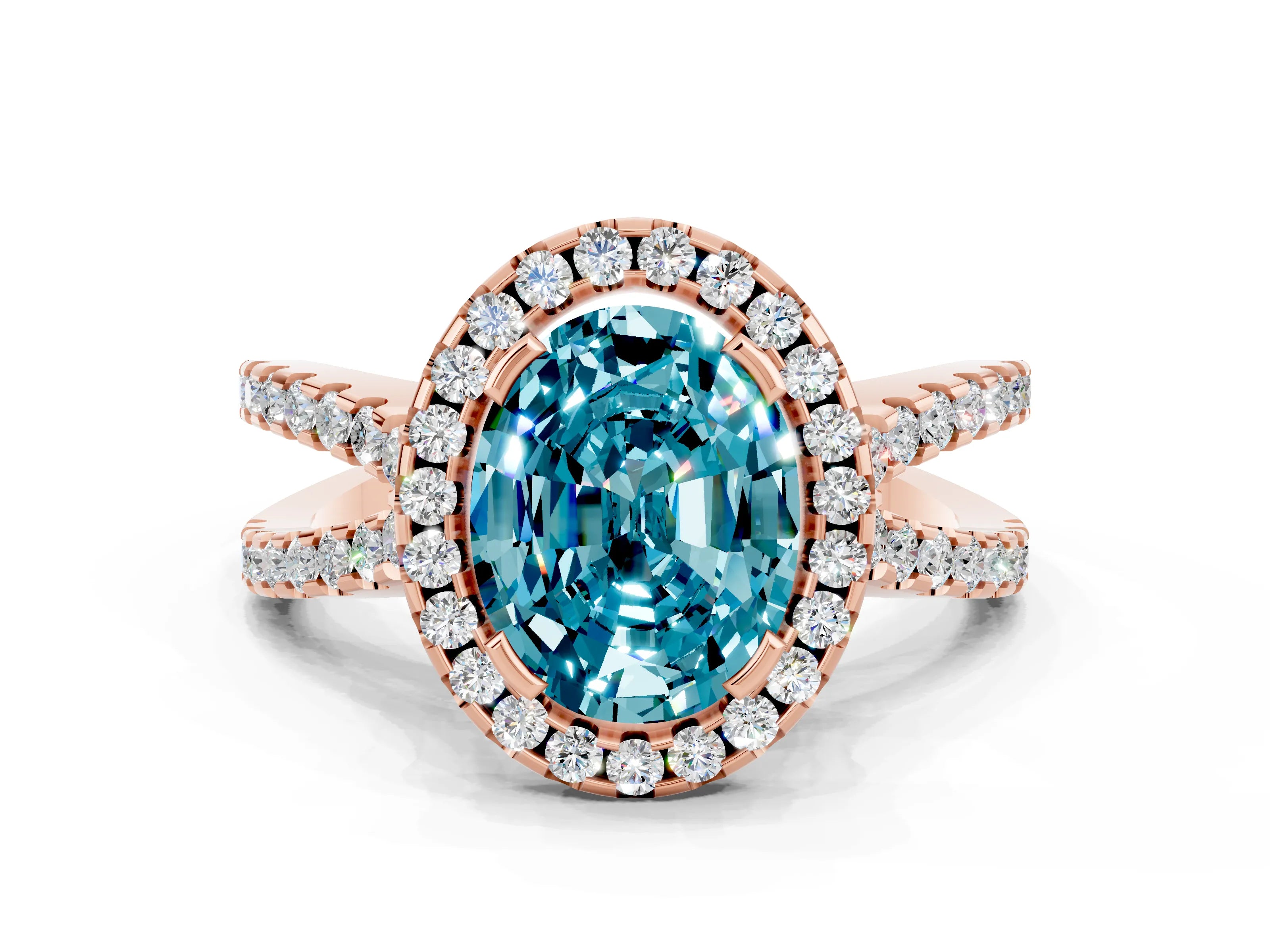 Rose gold Oval Cut Blue Topaz Halo Ring with Split Shank Pavé Band and Prong Setting
