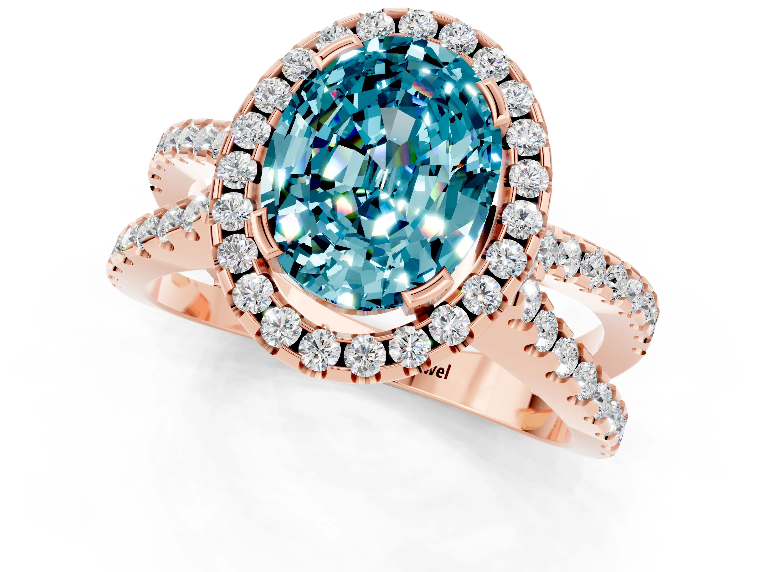 Rose gold Oval Cut Blue Topaz Halo Ring with Split Shank Pavé Band and Prong Setting_1