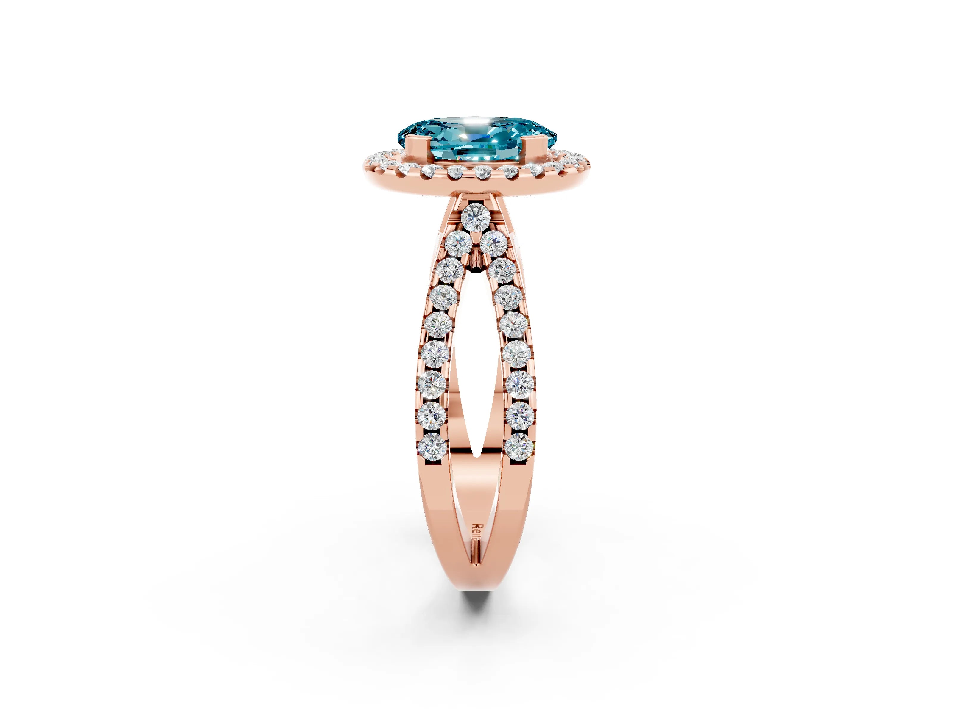 Rose gold Oval Cut Blue Topaz Halo Ring with Split Shank Pavé Band and Prong Setting_2