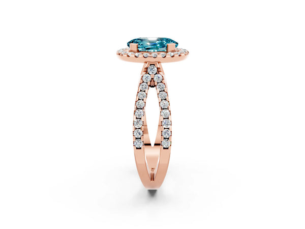 Rose gold Oval Cut Blue Topaz Halo Ring with Split Shank Pavé Band and Prong Setting