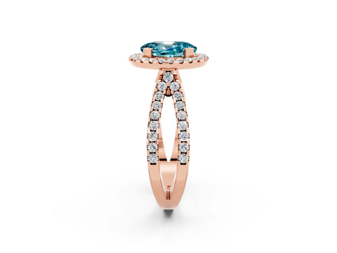 Rose gold Oval Cut Blue Topaz Halo Ring with Split Shank Pavé Band and Prong Setting_2
