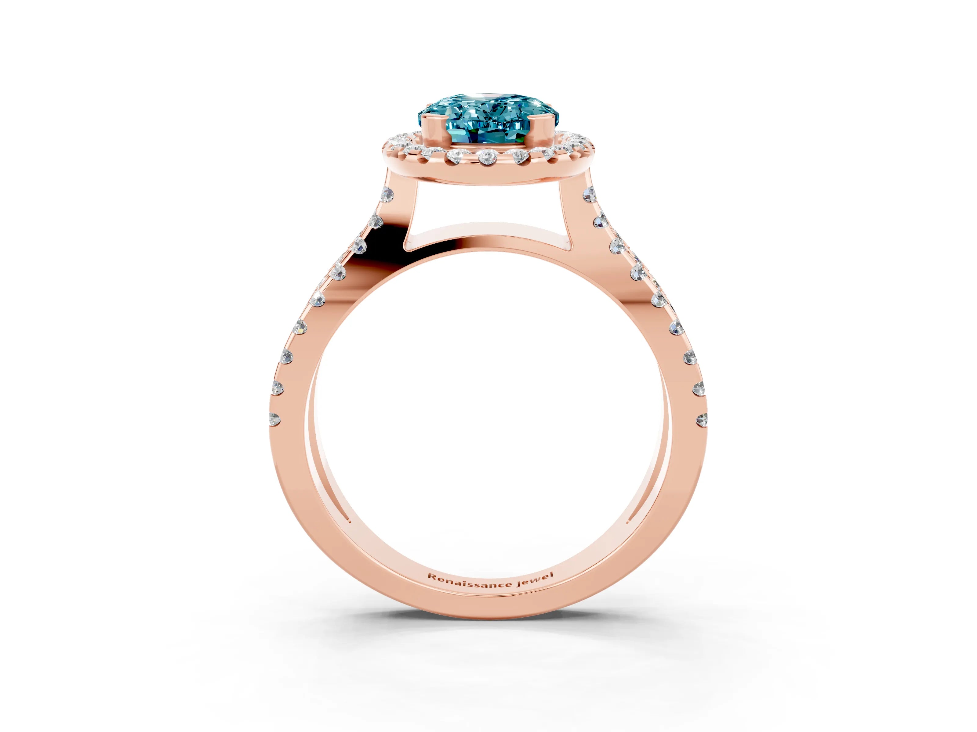 Rose gold Oval Cut Blue Topaz Halo Ring with Split Shank Pavé Band and Prong Setting_3
