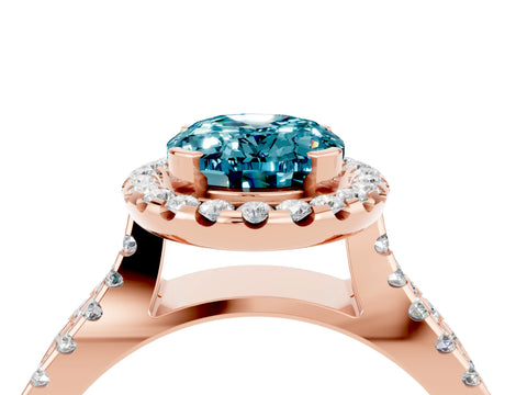 Rose gold Oval Cut Blue Topaz Halo Ring with Split Shank Pavé Band and Prong Setting_4