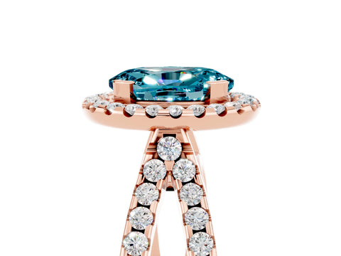 Rose gold Oval Cut Blue Topaz Halo Ring with Split Shank Pavé Band and Prong Setting_5
