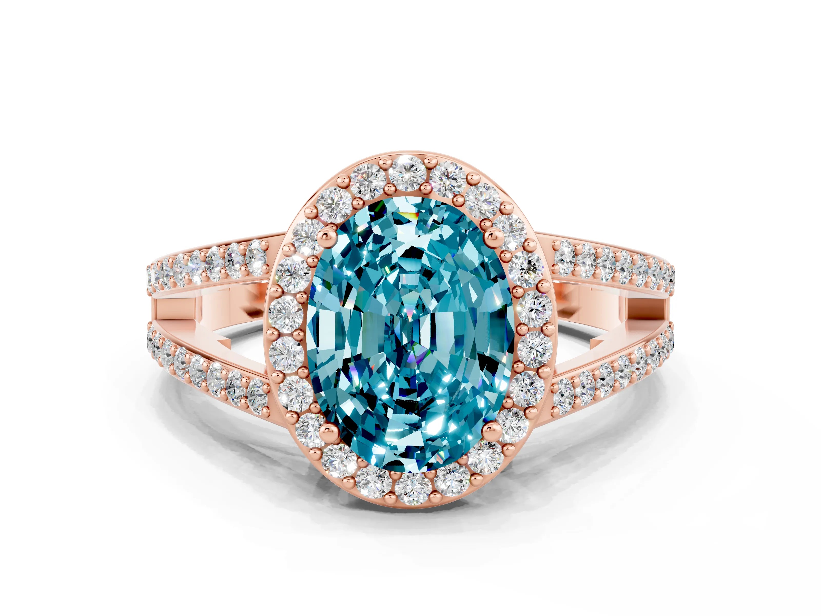 Rose gold Oval Cut Blue Topaz Halo Ring with Split Shank U-Prong Band and Four-Prong Setting
