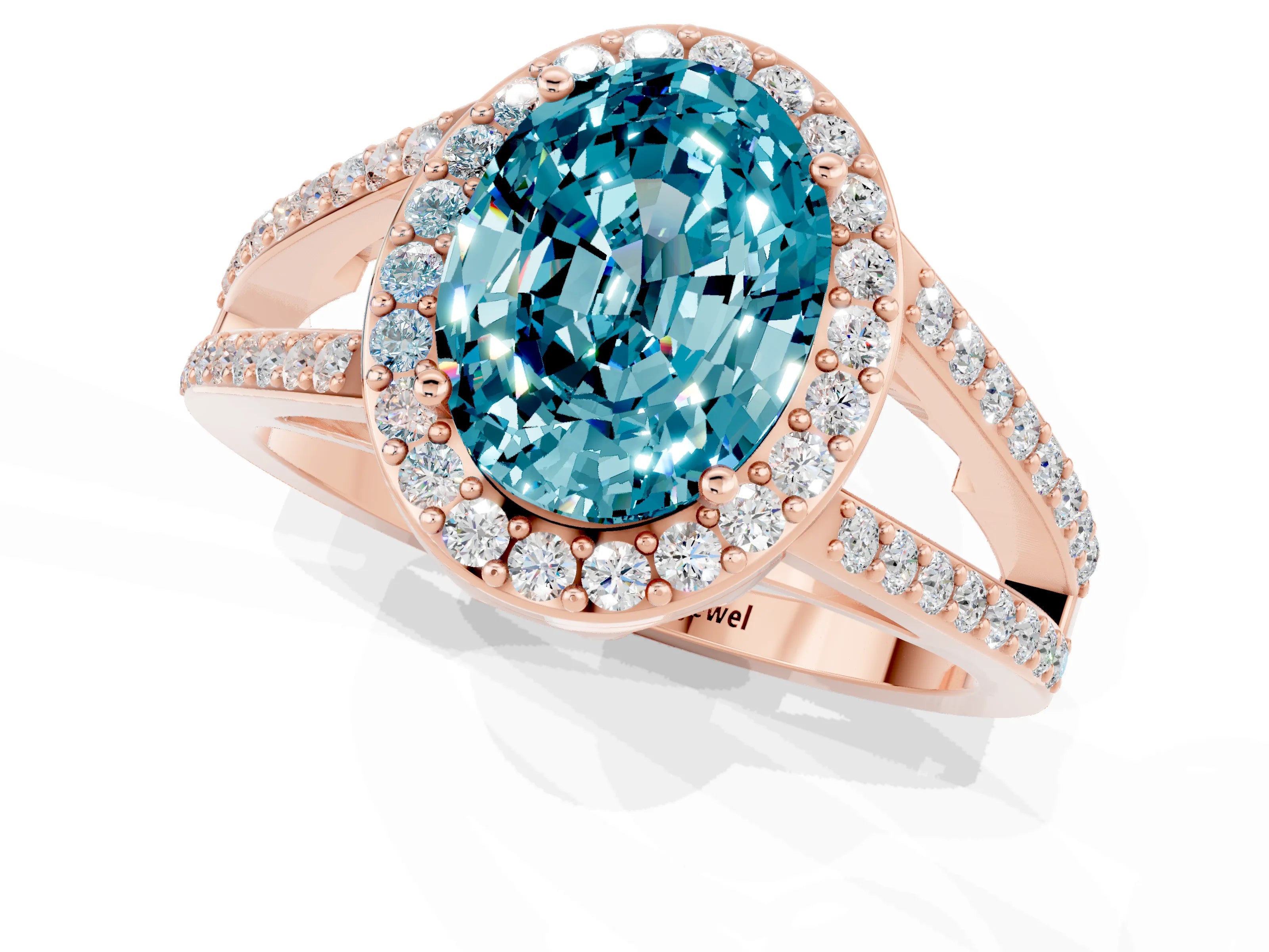 Rose gold Oval Cut Blue Topaz Halo Ring with Split Shank U-Prong Band and Four-Prong Setting_1