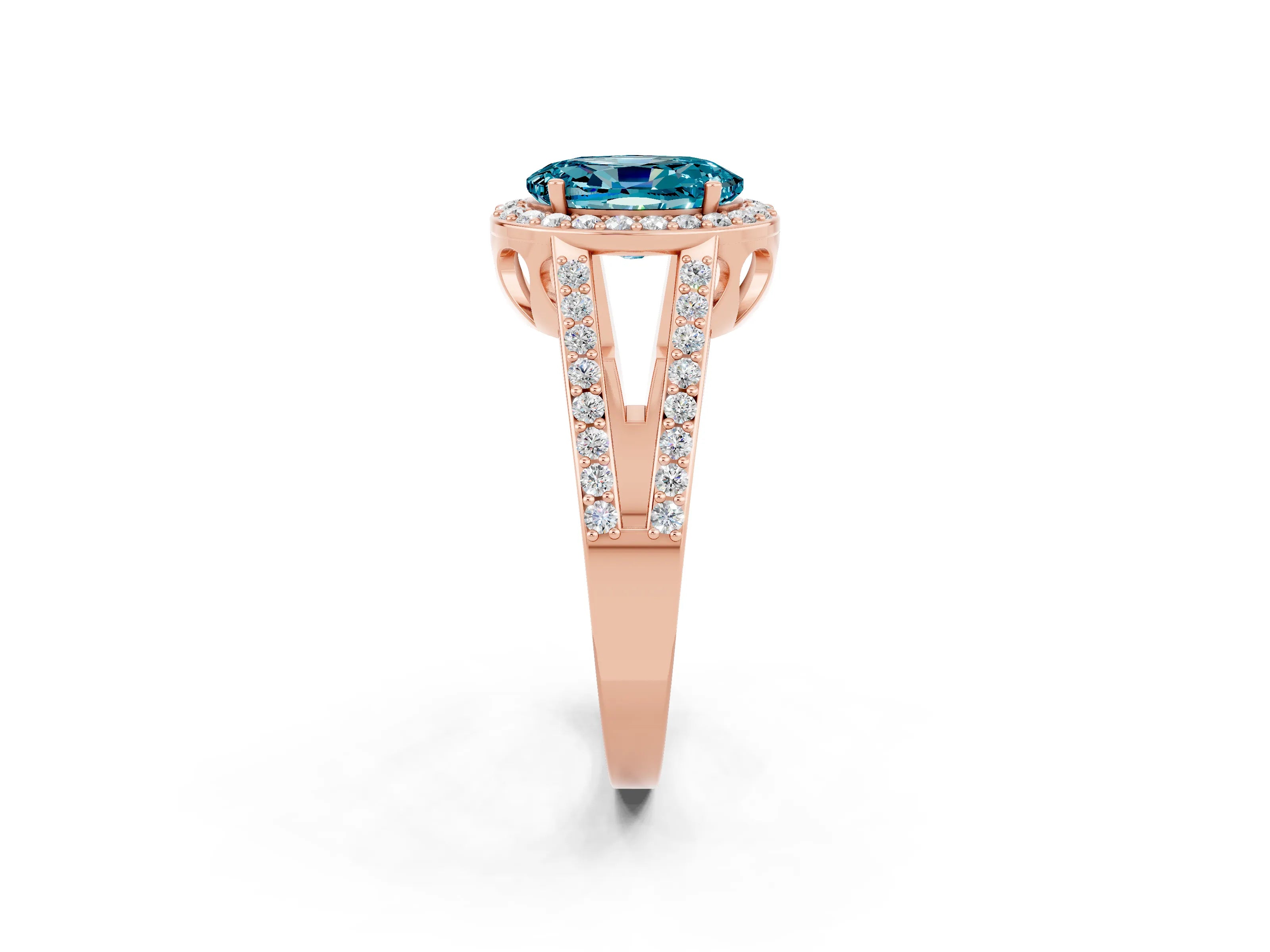 Rose gold Oval Cut Blue Topaz Halo Ring with Split Shank U-Prong Band and Four-Prong Setting_2