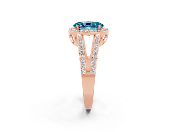 Rose gold Oval Cut Blue Topaz Halo Ring with Split Shank U-Prong Band and Four-Prong Setting