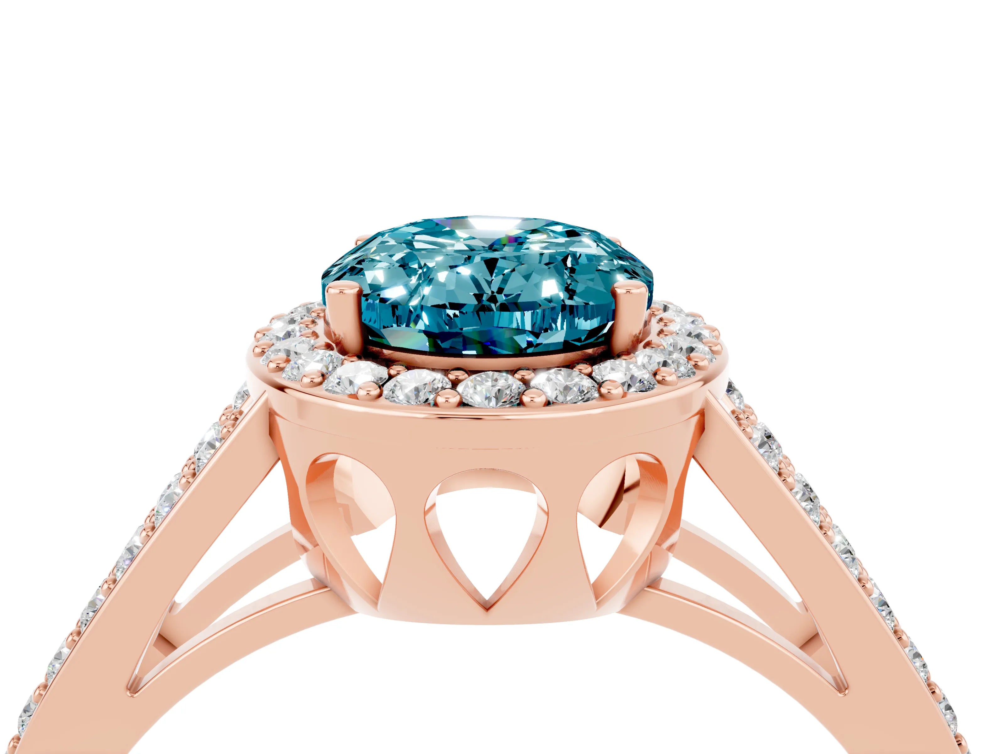 Rose gold Oval Cut Blue Topaz Halo Ring with Split Shank U-Prong Band and Four-Prong Setting_4