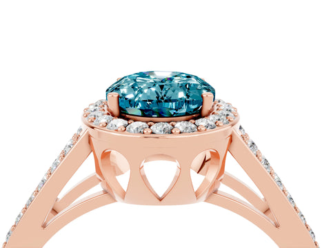 Rose gold Oval Cut Blue Topaz Halo Ring with Split Shank U-Prong Band and Four-Prong Setting_4