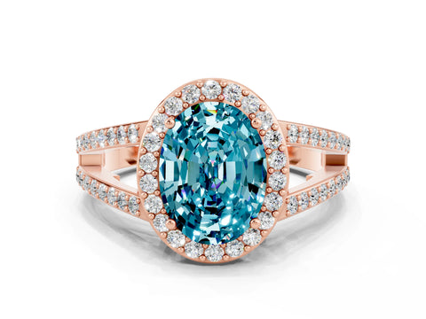 Rose gold Oval Cut Blue Topaz Halo Ring with Split Shank U-Prong Band and Four-Prong Setting