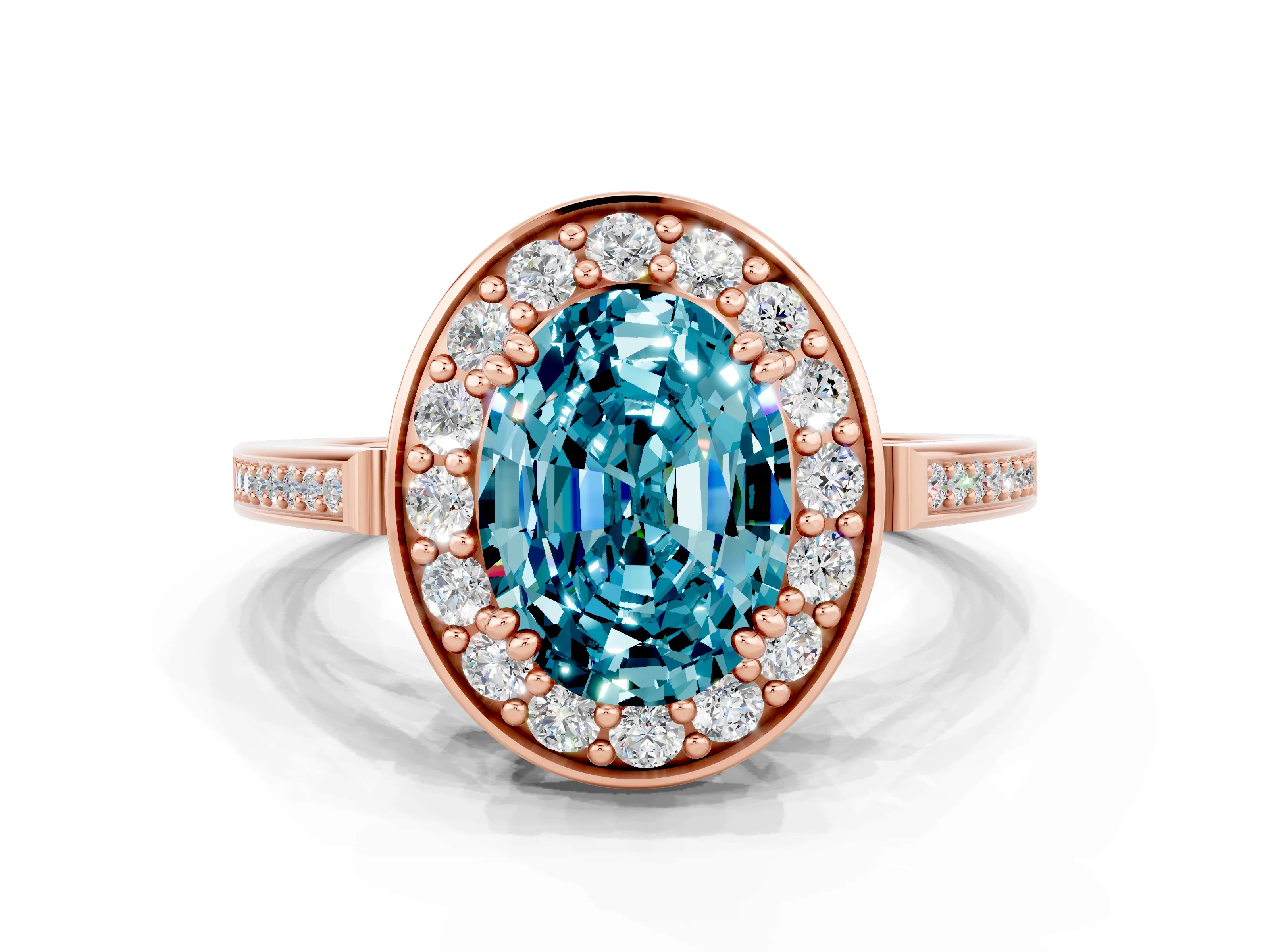 Rose gold Oval Cut Blue Topaz Halo Ring with Split Shank and Four-Prong Setting