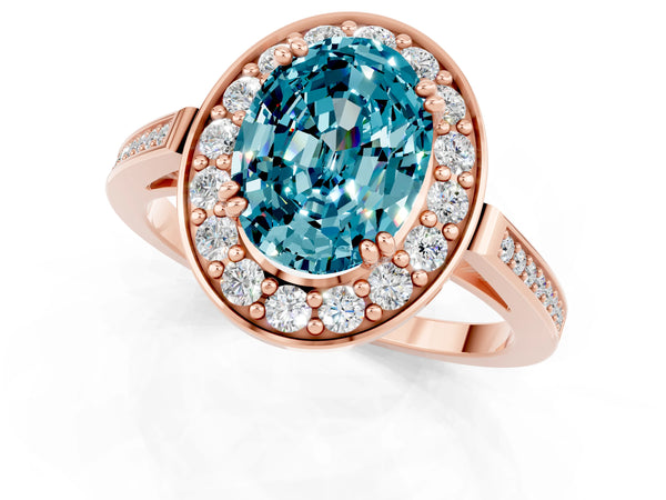 Rose gold Oval Cut Blue Topaz Halo Ring with Split Shank and Four-Prong Setting