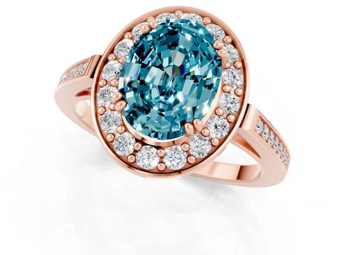Rose gold Oval Cut Blue Topaz Halo Ring with Split Shank and Four-Prong Setting_1