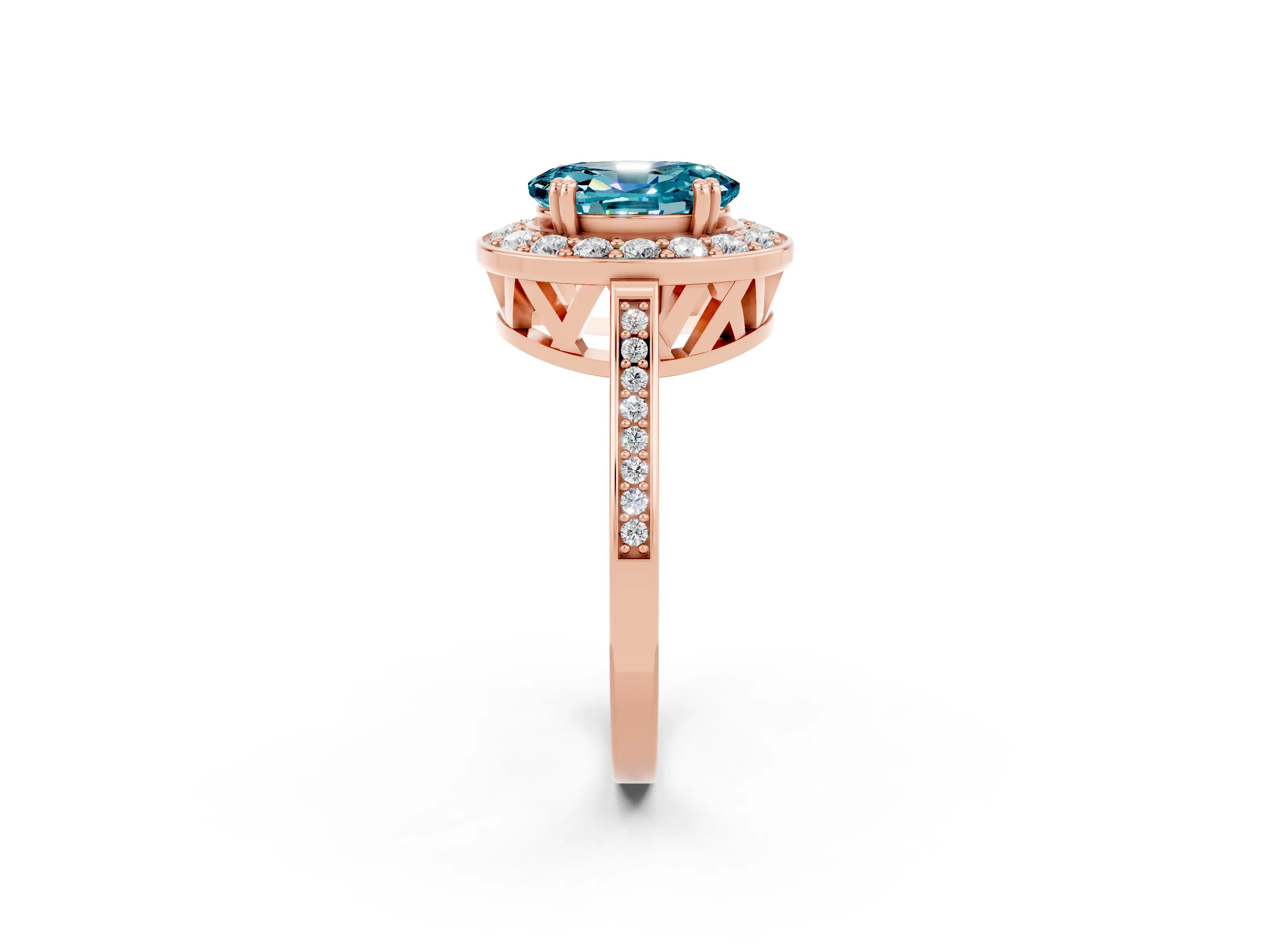Rose gold Oval Cut Blue Topaz Halo Ring with Split Shank and Four-Prong Setting_2