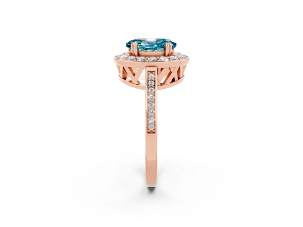 Rose gold Oval Cut Blue Topaz Halo Ring with Split Shank and Four-Prong Setting
