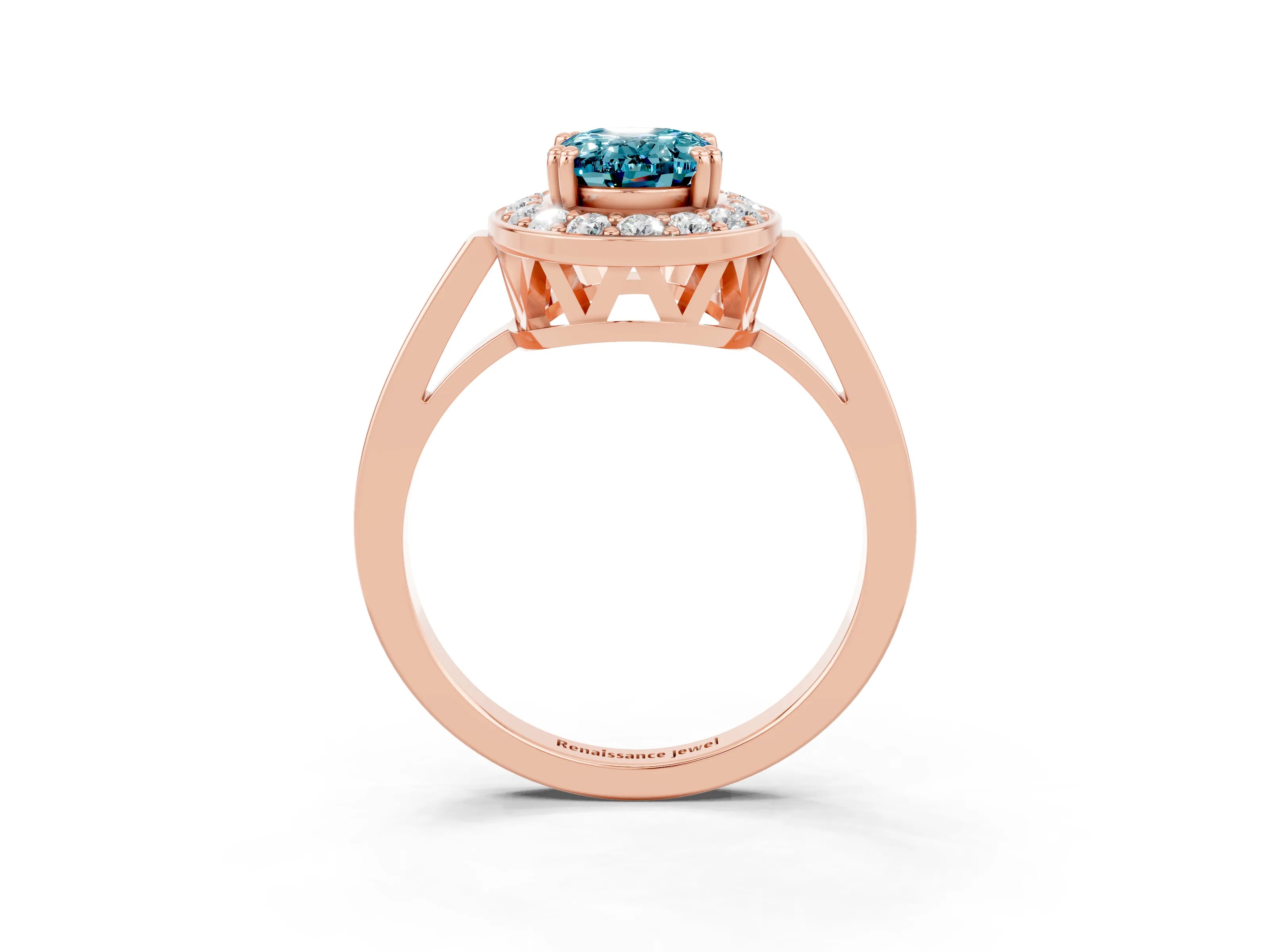 Rose gold Oval Cut Blue Topaz Halo Ring with Split Shank and Four-Prong Setting_3
