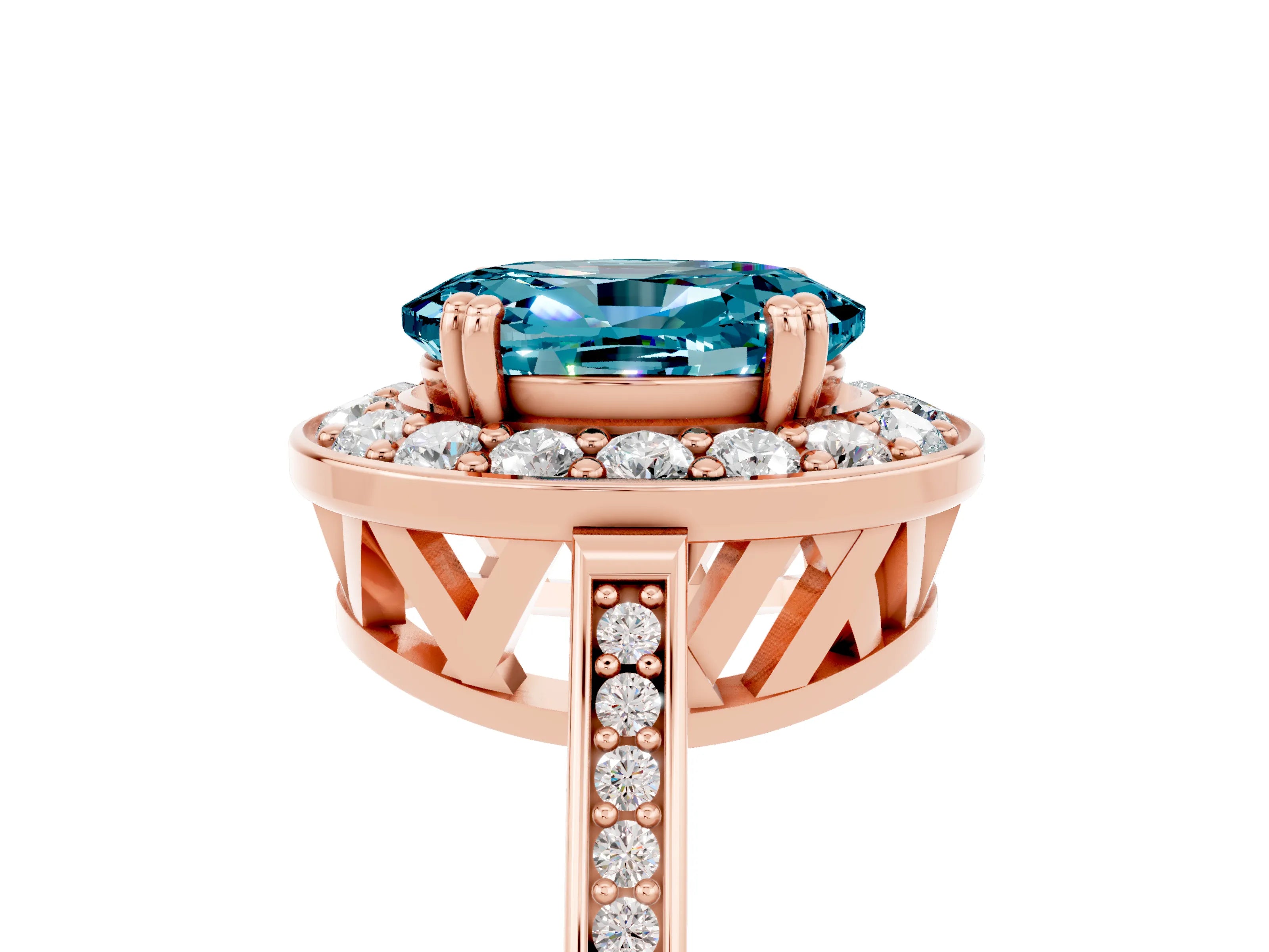 Rose gold Oval Cut Blue Topaz Halo Ring with Split Shank and Four-Prong Setting_5