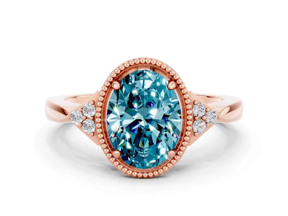 Rose gold Oval Cut Blue Topaz Halo Ring with Tapered Band and Four-Prong Setting
