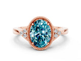 Rose gold Oval Cut Blue Topaz Halo Ring with Tapered Band and Four-Prong Setting