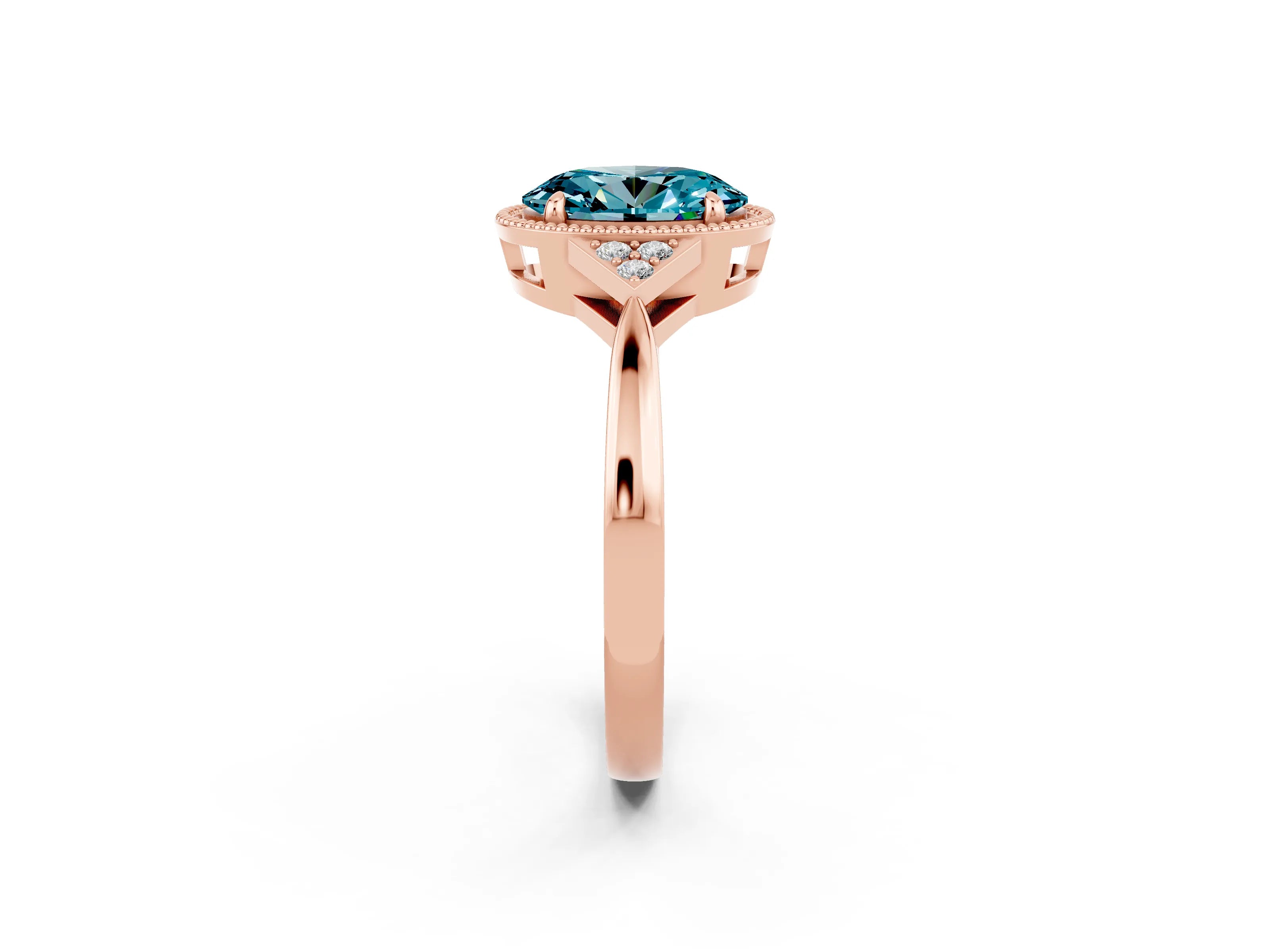 Rose gold Oval Cut Blue Topaz Halo Ring with Tapered Band and Four-Prong Setting_2